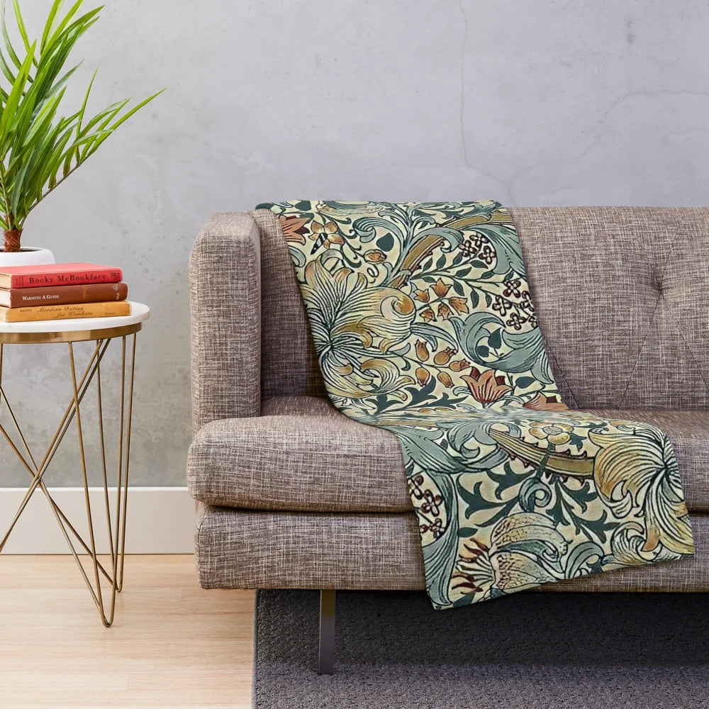 Plush blanket with a floral design inspired by the artwork of William Morris