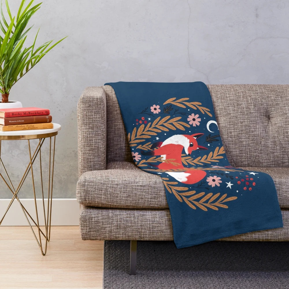 Cozy floral plush blanket with woodland animal design and night sky pattern