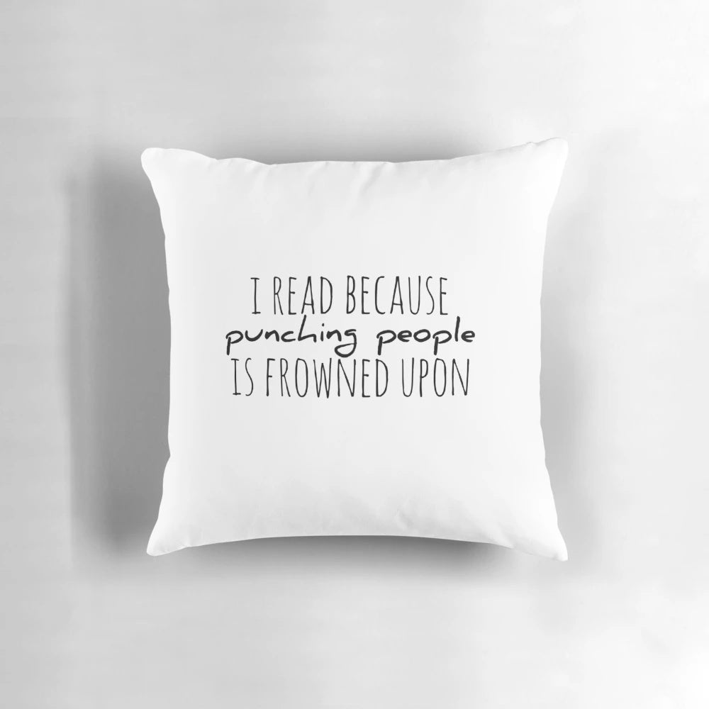 Plush "Frowned Upon" pillow with book-themed design for bookworms and readers