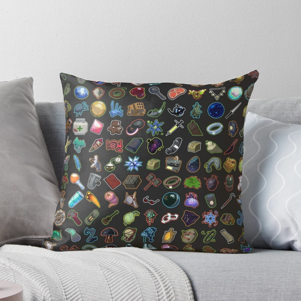 A plush, comfortable pillow featuring the iconic Risk of Rain 2 game items