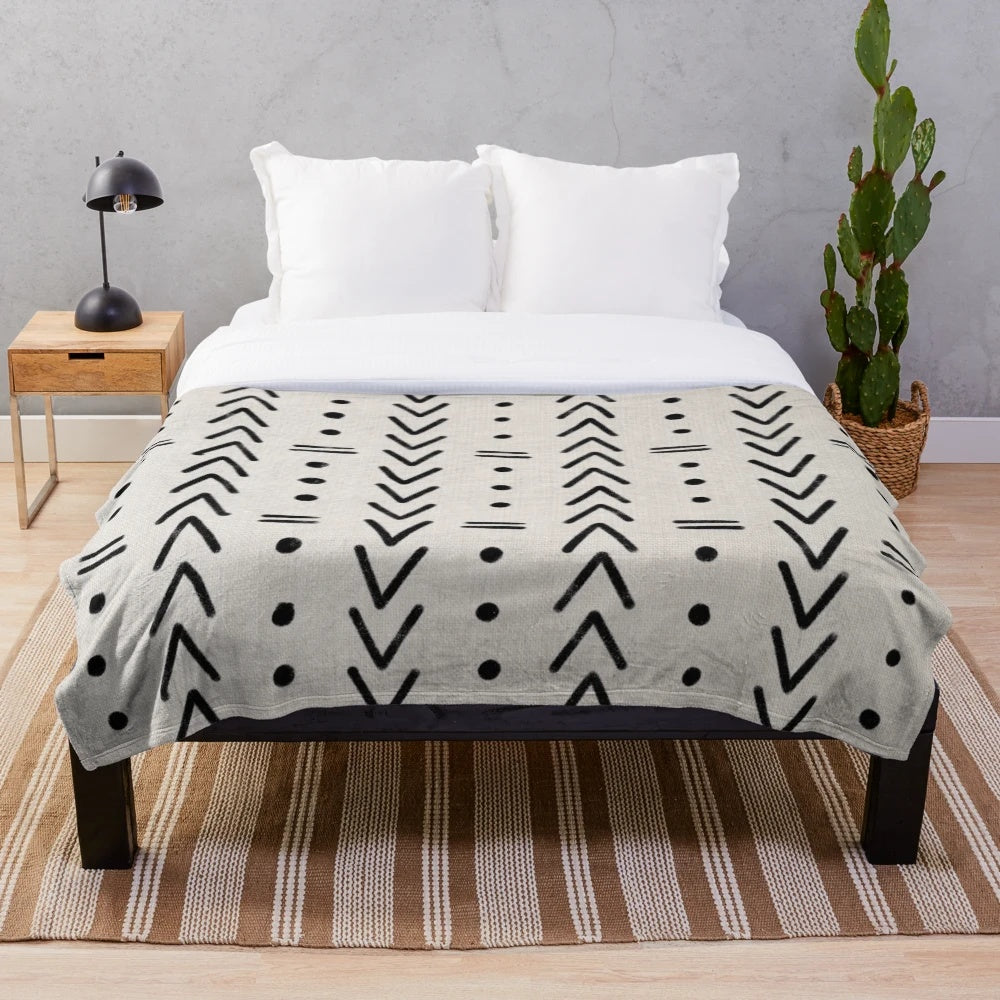 Mudcloth inspired black and white geometric plush blanket