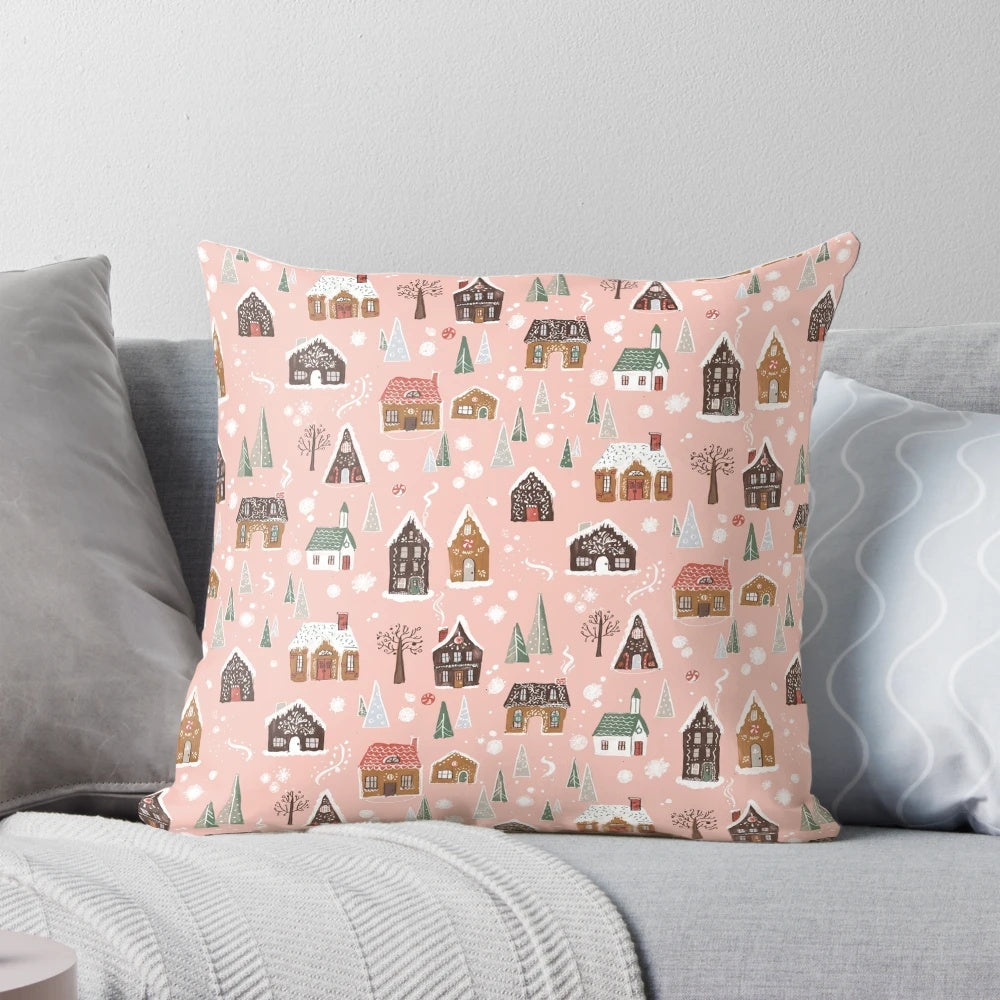 Handmade gingerbread village pillow with whimsical details perfect for holiday home decor.