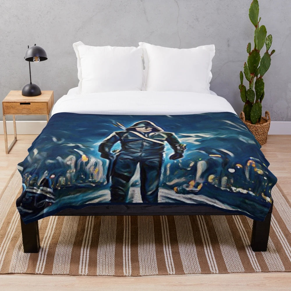 Green Arrow superhero plush blanket with Oliver Queen's iconic look