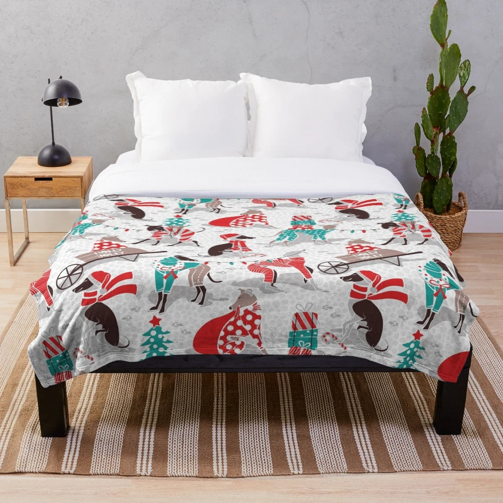 Greyhound Christmas plush blanket with festive pattern
