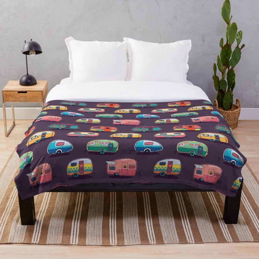 Soft and cozy plush blanket featuring a happy camper design