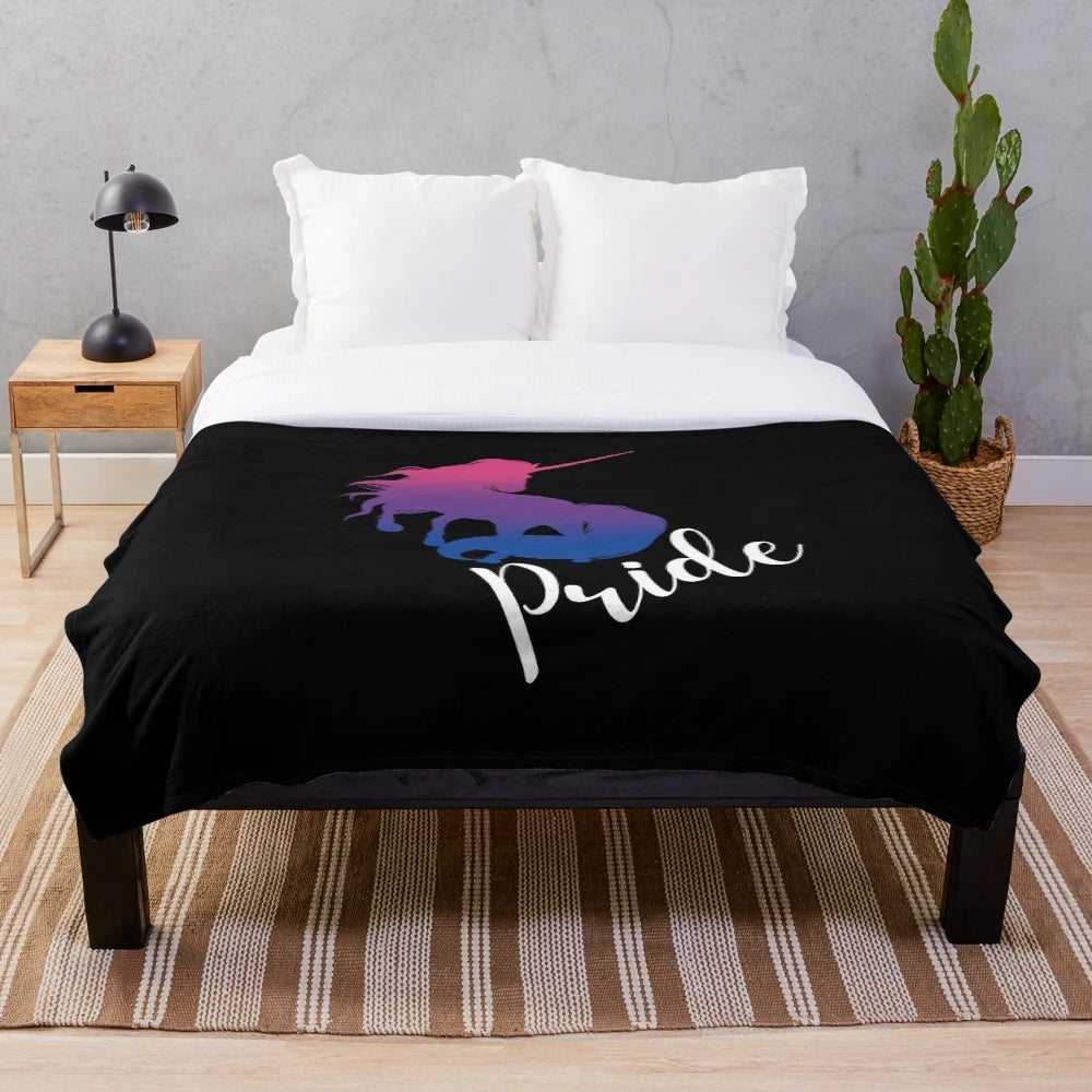 Soft and fluffy LGBTQ pride unicorn plush blanket in bisexual flag colors