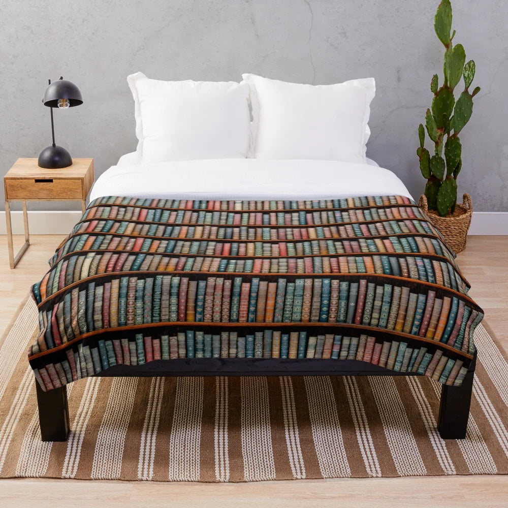 A soft, plush blanket with a library-inspired design, perfect for book lovers and reading enthusiasts.