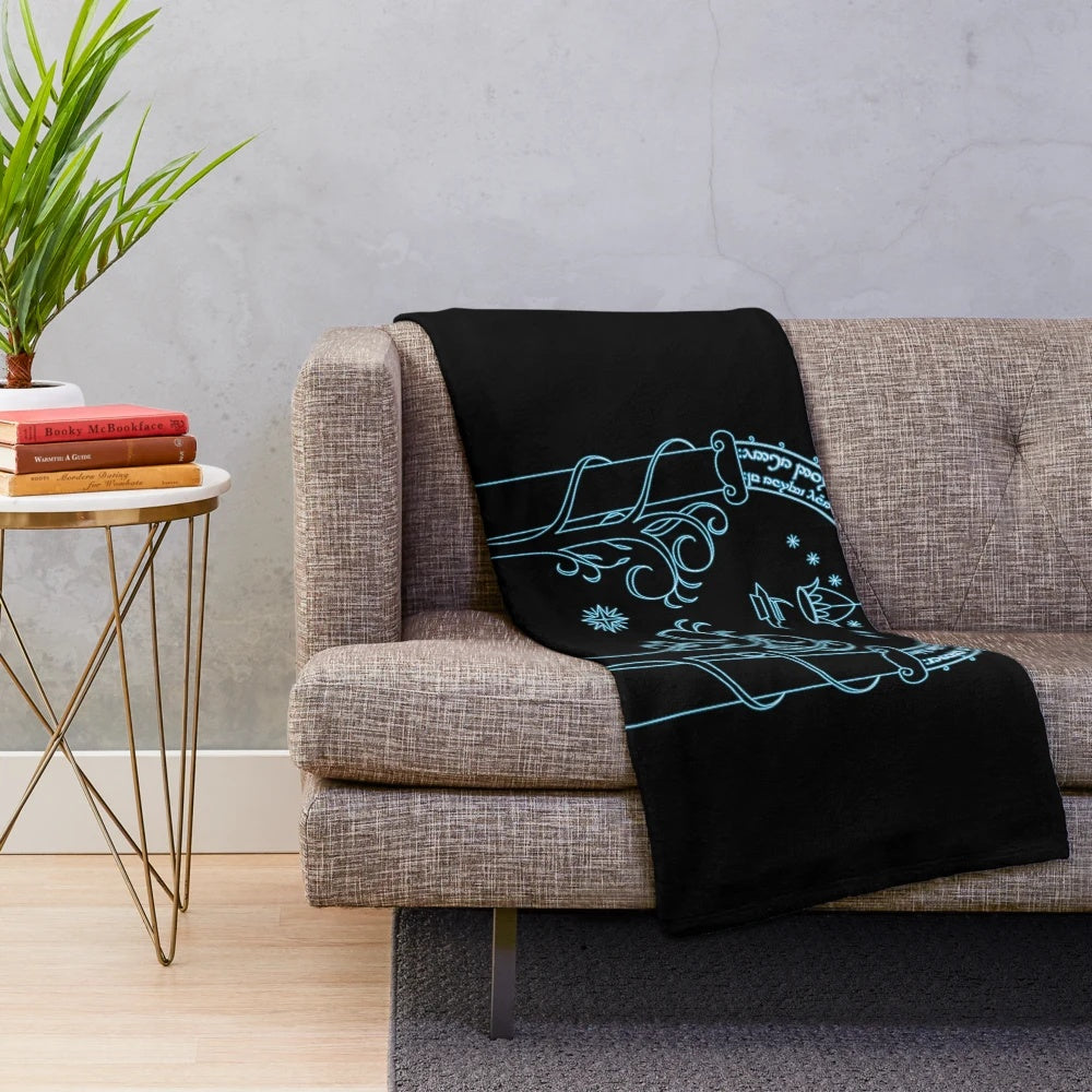 Light blue plush blanket with Lord of the Rings inspired design