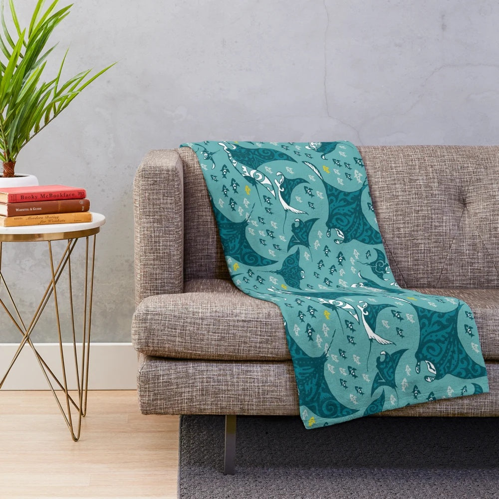 Manta ray plush blanket with detailed underwater sea creature design