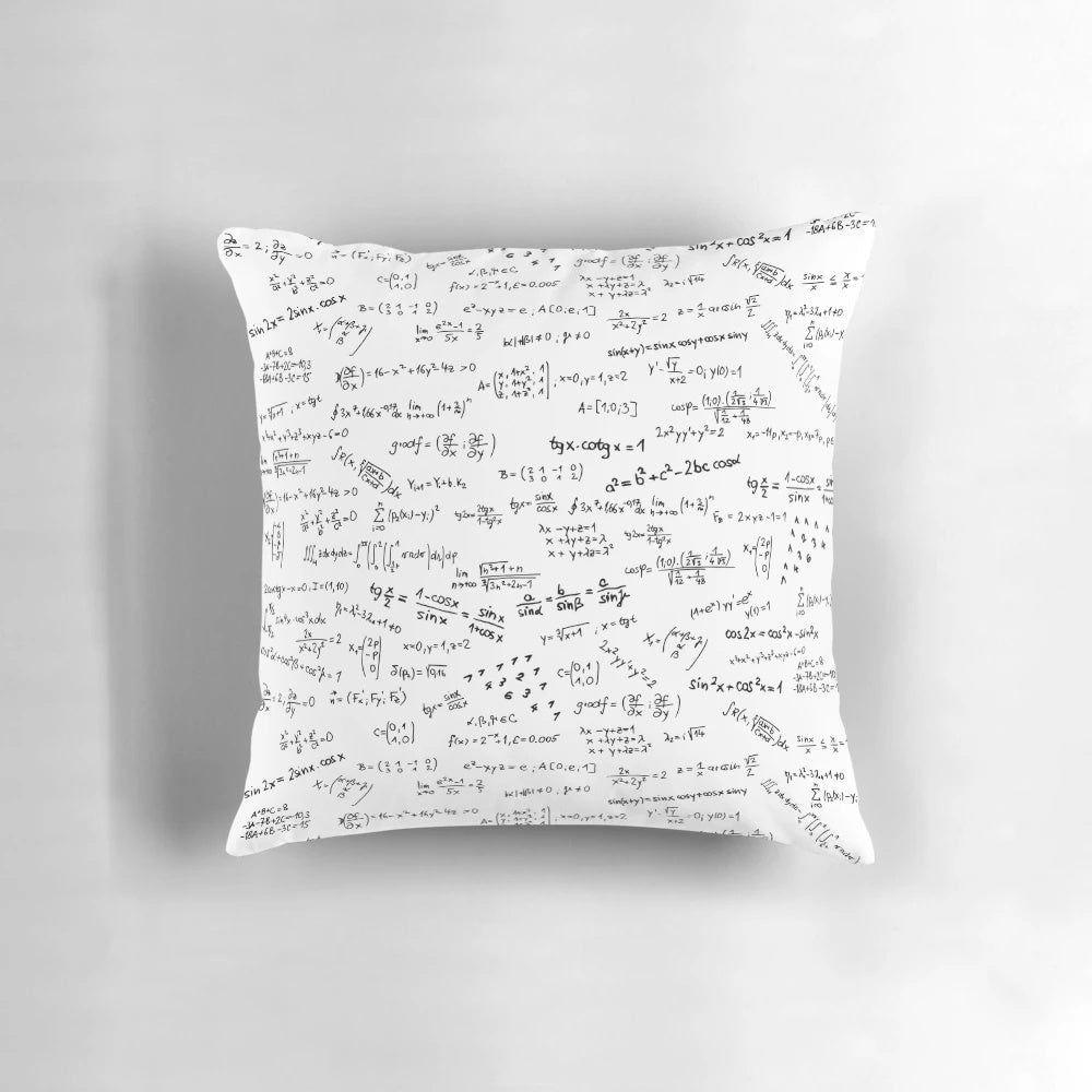 Pillow featuring a collage of mathematical equations, formulas, and numbers in a cozy design for math enthusiasts.