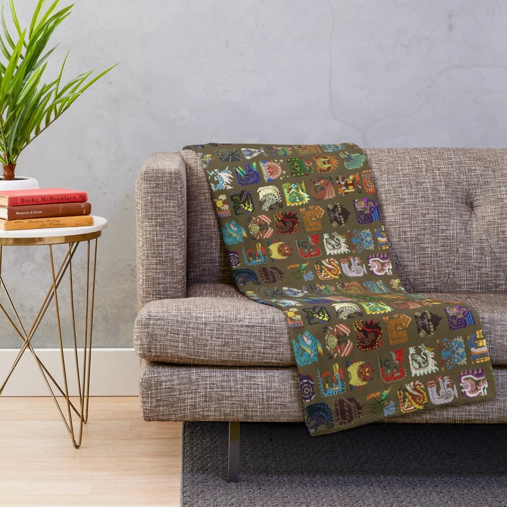 Cozy monster plush blanket with pixel art design