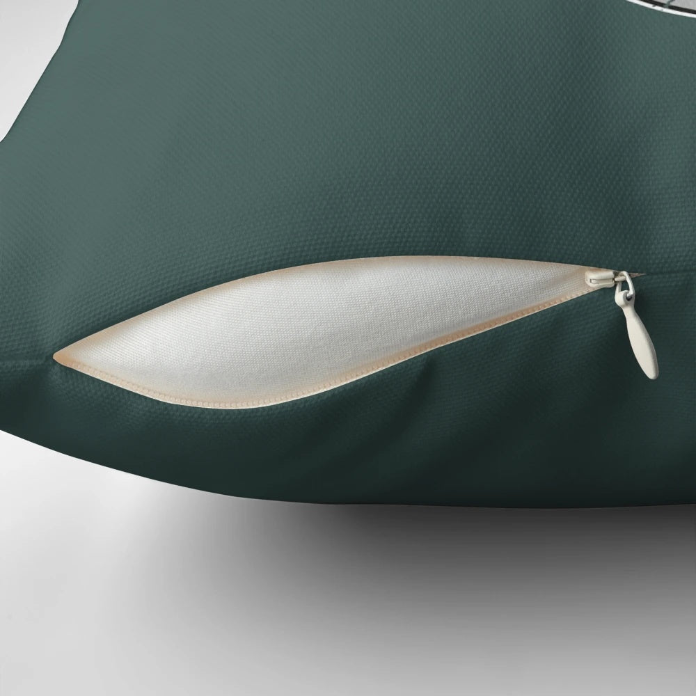 Decorative throw pillow featuring an emblem design inspired by the scenic Swiss Alps mountains