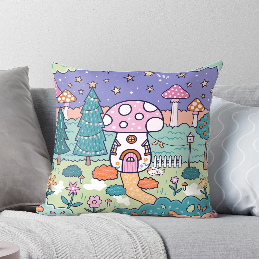 A plush, nature-inspired mushroom cottage pillow with a starry night sky design, perfect for adding magical woodland charm to your home.