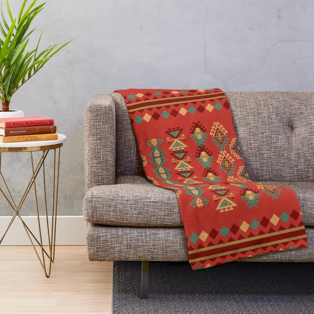 Navajo-inspired plush blanket with tribal ethnic hand drawn design