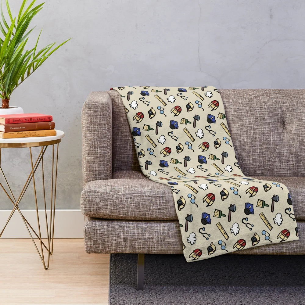 Plush blanket featuring a collection of cute cartoon occupational designs