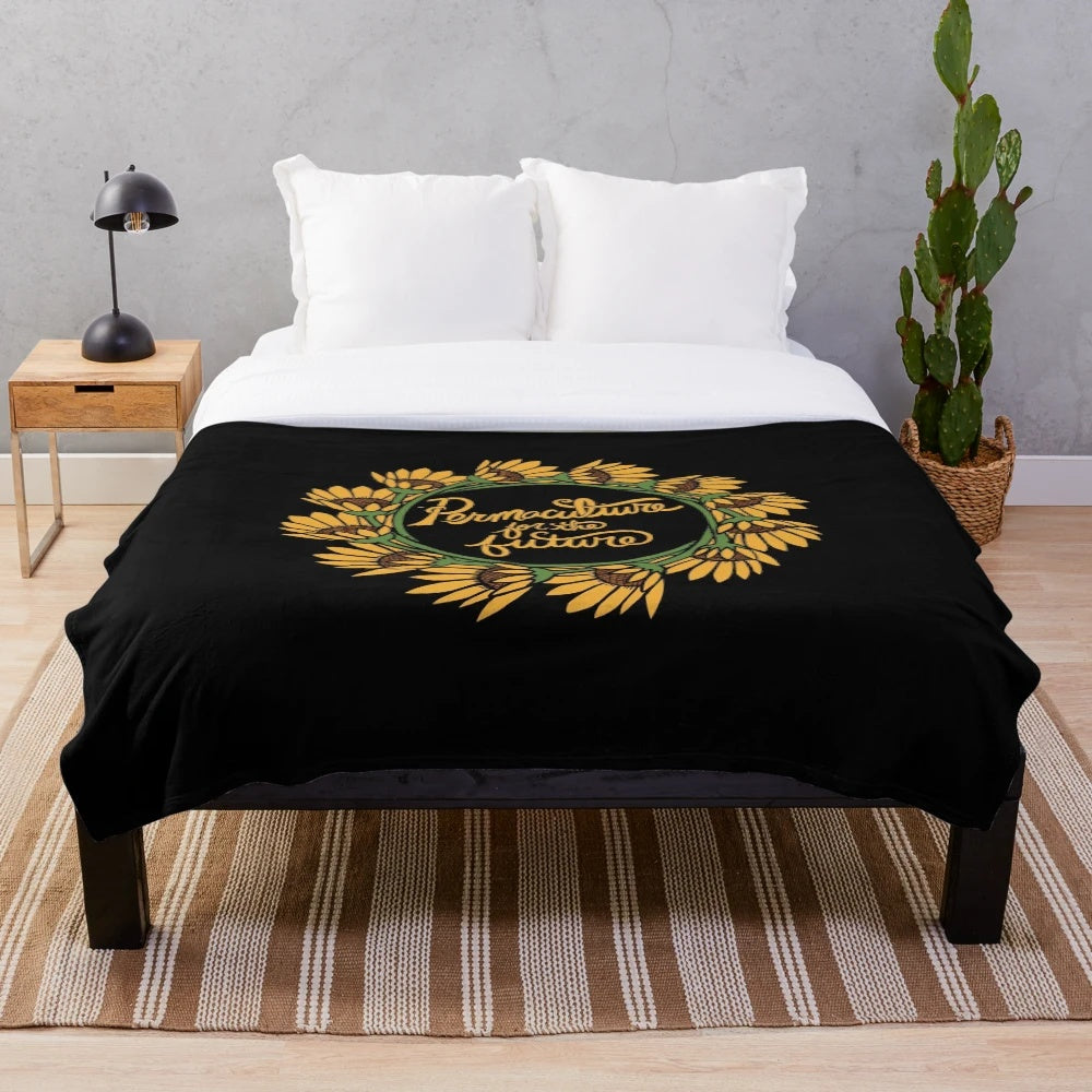 Permaculture-themed plush blanket with lush, nature-inspired design