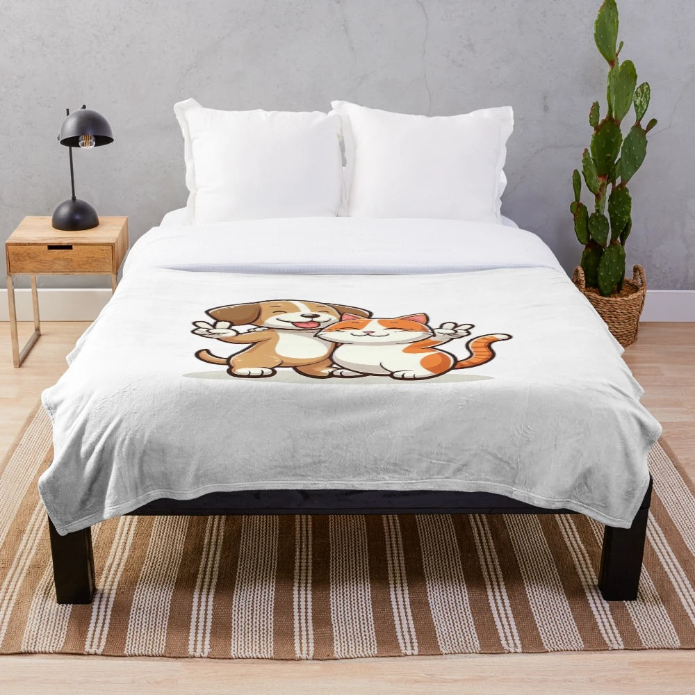 Plush blanket featuring a peaceful cat and dog design
