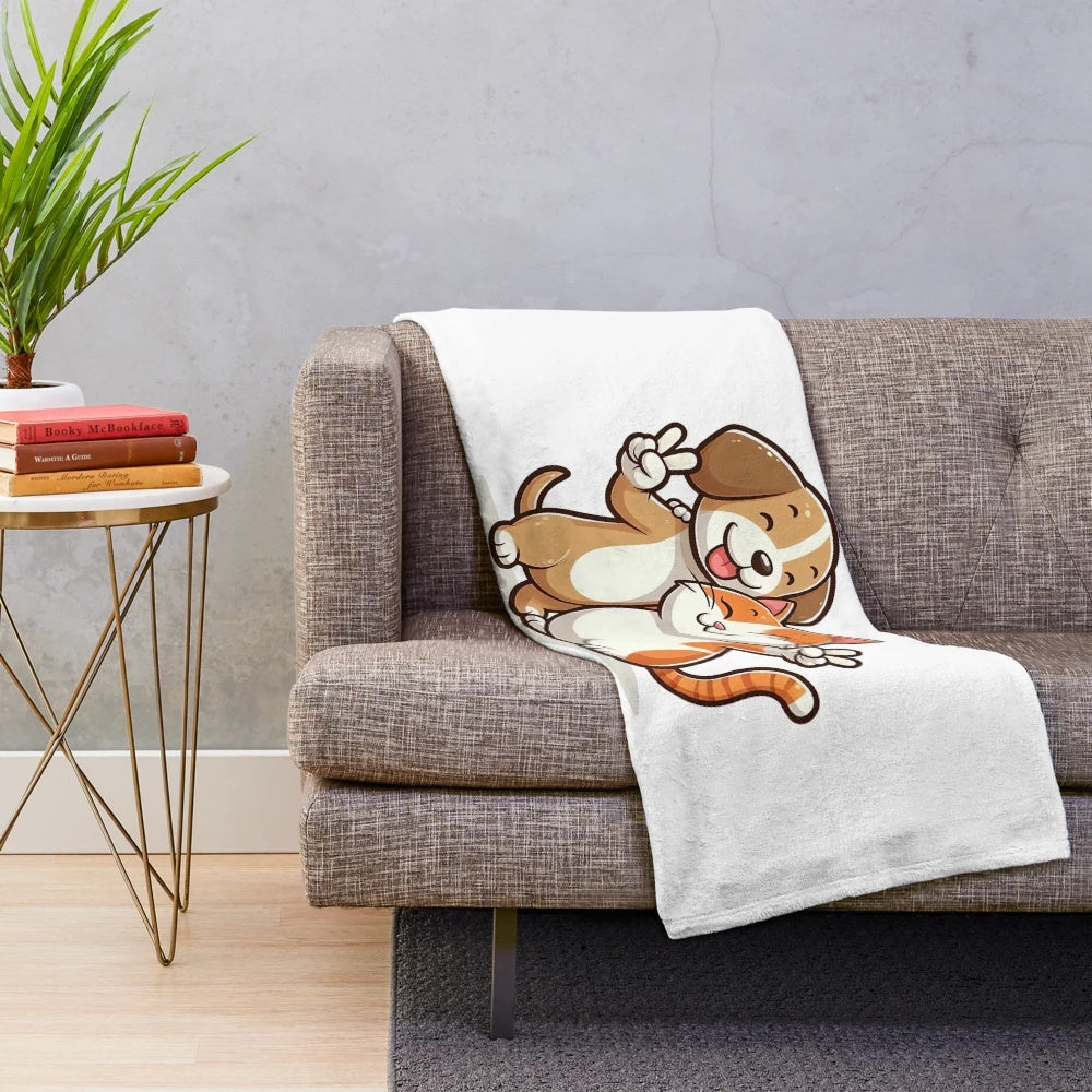 Plush blanket featuring a peaceful cat and dog design