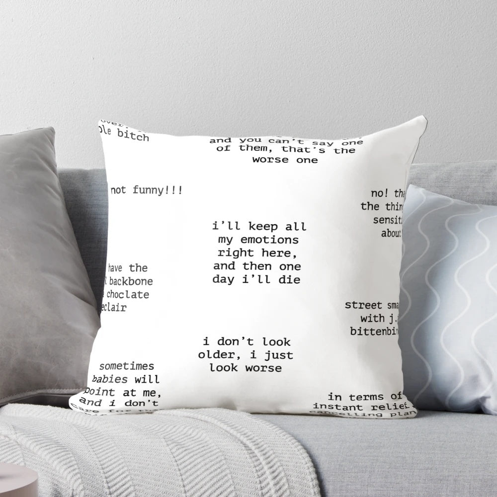 Decorative throw pillow with John Mulaney's most popular quotes