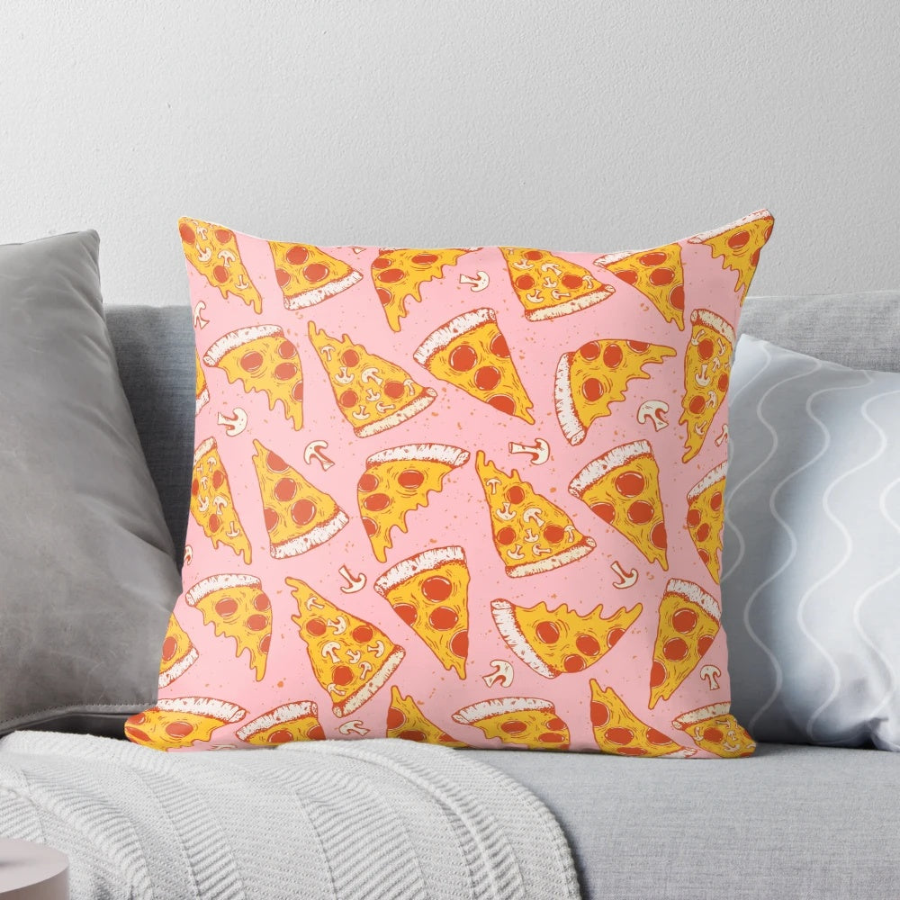 Plush pink decorative pillow featuring a pizza design, perfect for adding a touch of fun and coziness to your bedroom.