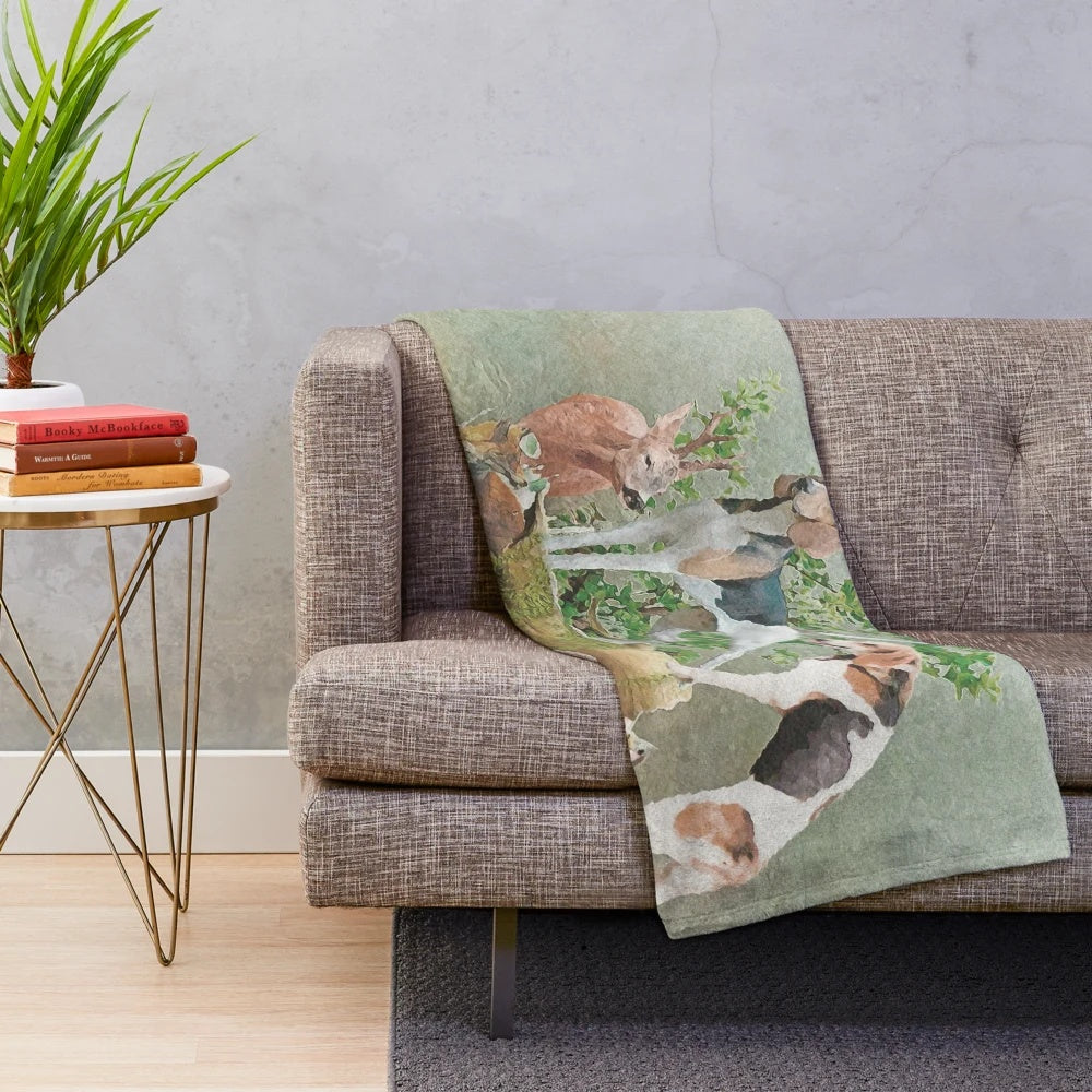 Plush blanket with hunting dog breeds such as English Foxhound and Dachshund