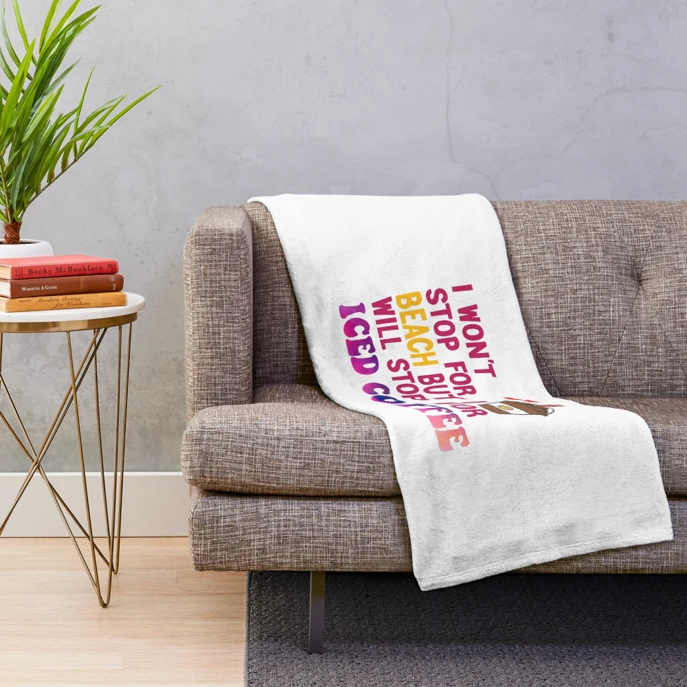 Cozy plush blanket with iced coffee and beach design for coffee enthusiasts