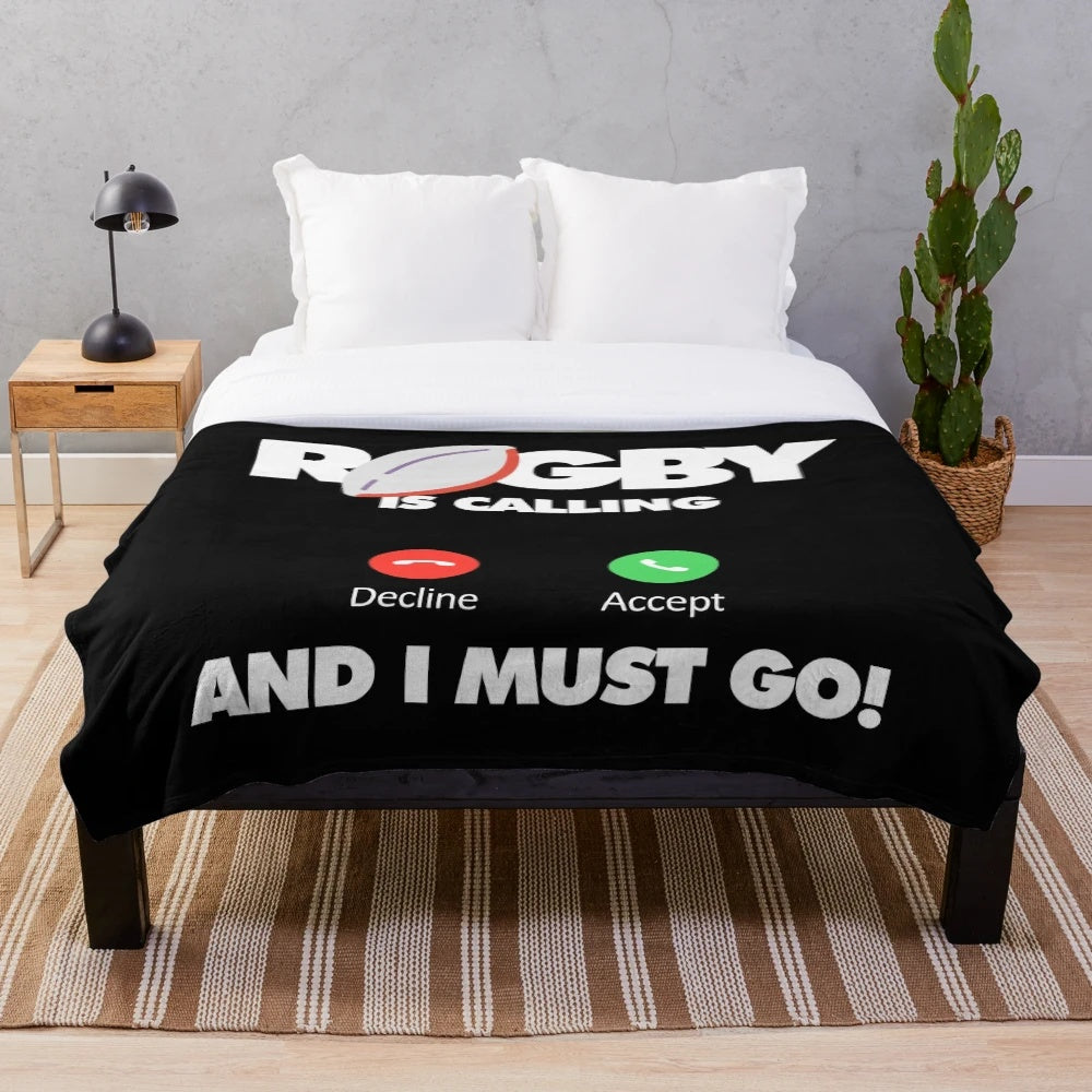 A plush, cozy blanket featuring a funny rugby-themed quote