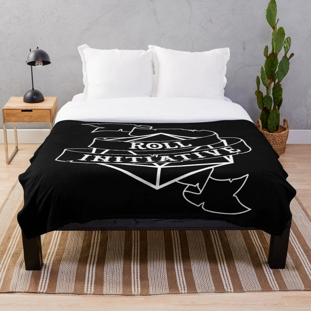 Soft white plush blanket with a dice roll design, perfect for tabletop RPG enthusiasts