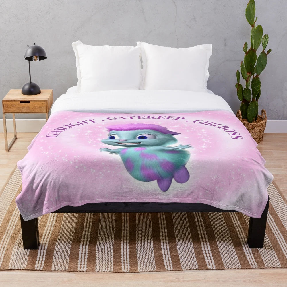 Plush blanket featuring Bibble character and "gaslight, gatekeep, girlboss" text