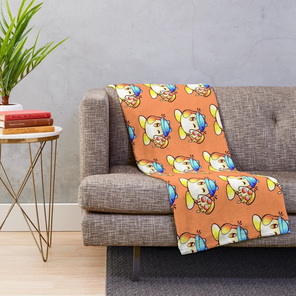 Soft and cuddly plush blanket featuring a Waddle Dee character from the Kirby video game series surrounded by a colorful pizza design