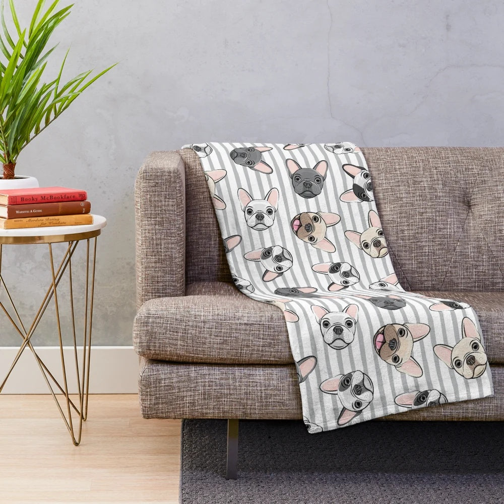 Plush gray striped blanket with adorable French bulldog design