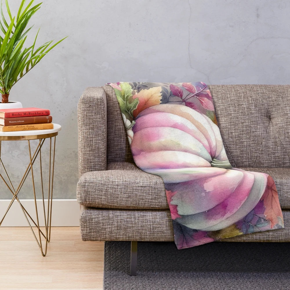 Plush blanket with watercolor painted pumpkins in pastel colors