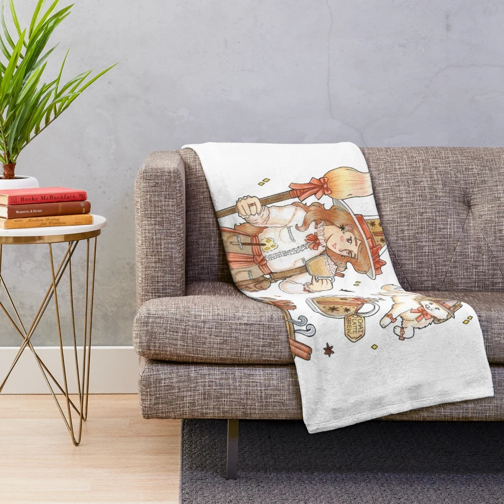 Chai Tea Latte Witch Aesthetic Plush Blanket with Magical Cat, Autumn Vibes, and Retro Anime-Inspired Style