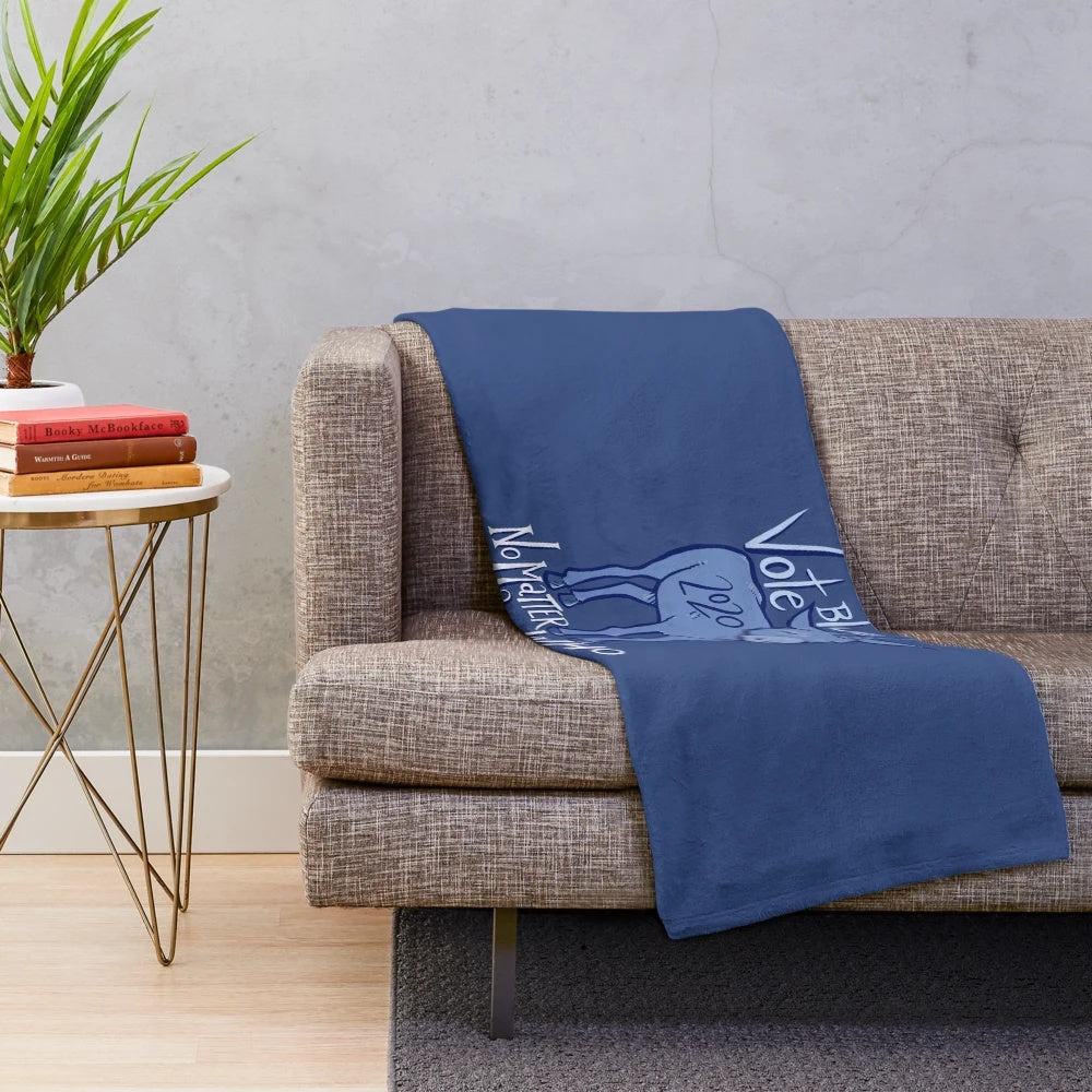 Soft, warm plush blanket featuring a vote blue unicorn and donkey design