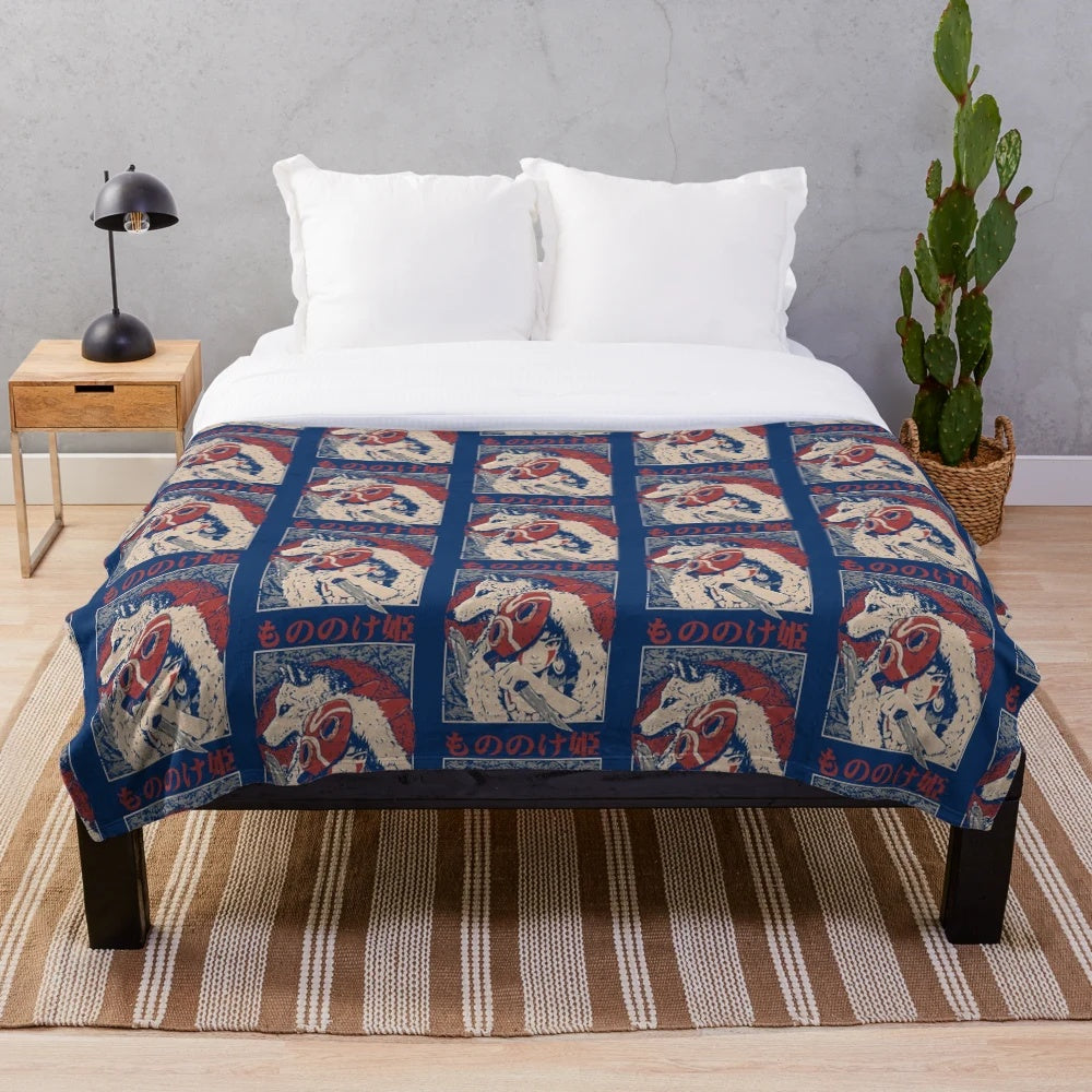 Princess Mononoke inspired plush blanket featuring mythical creatures
