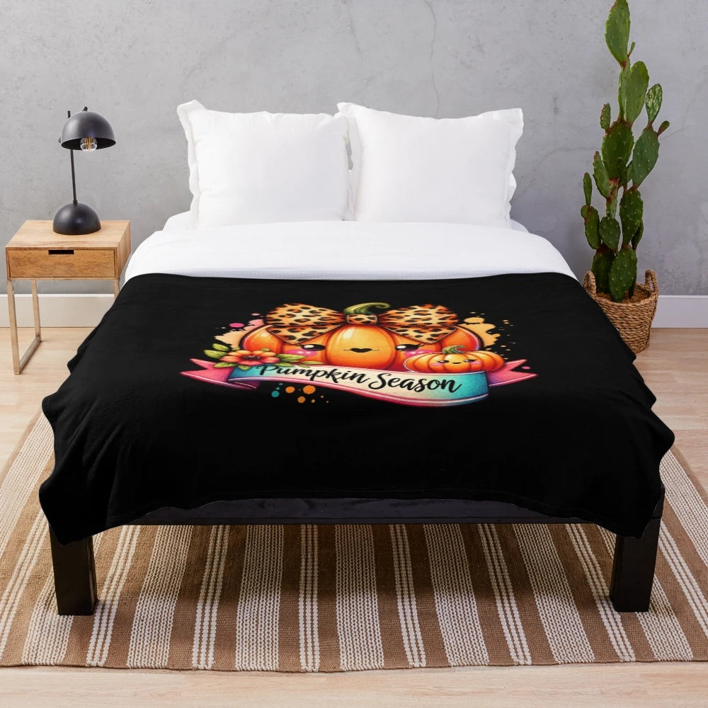 Cozy pumpkin season plush blanket with whimsical autumn art