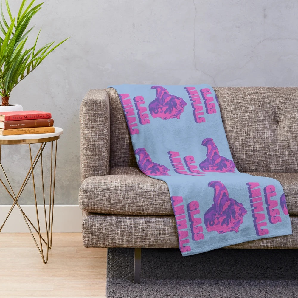 Purple plush blanket with Glass Animals head and logo design