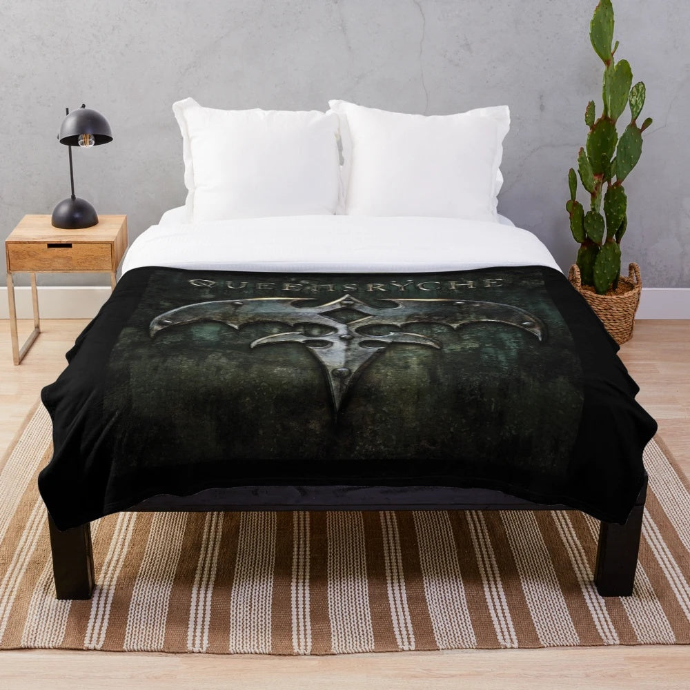 Queensryche-inspired plush blanket featuring the band's logo and album artwork