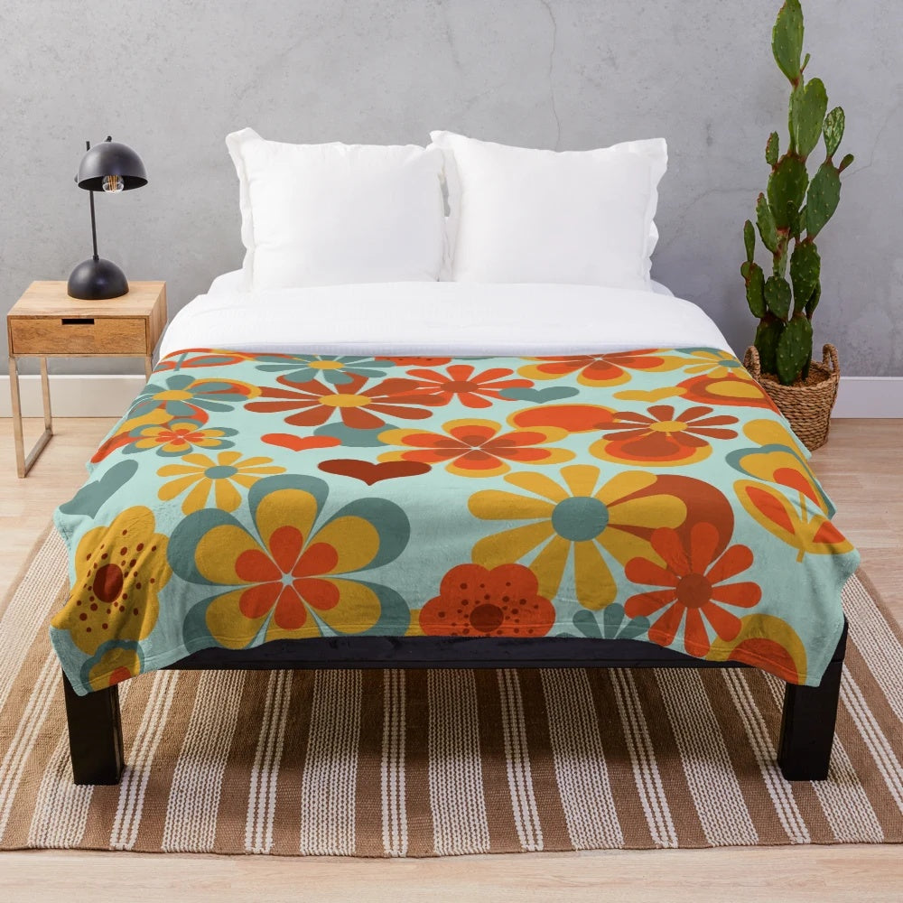Vintage 70s flower power plush blanket in muted retro colors