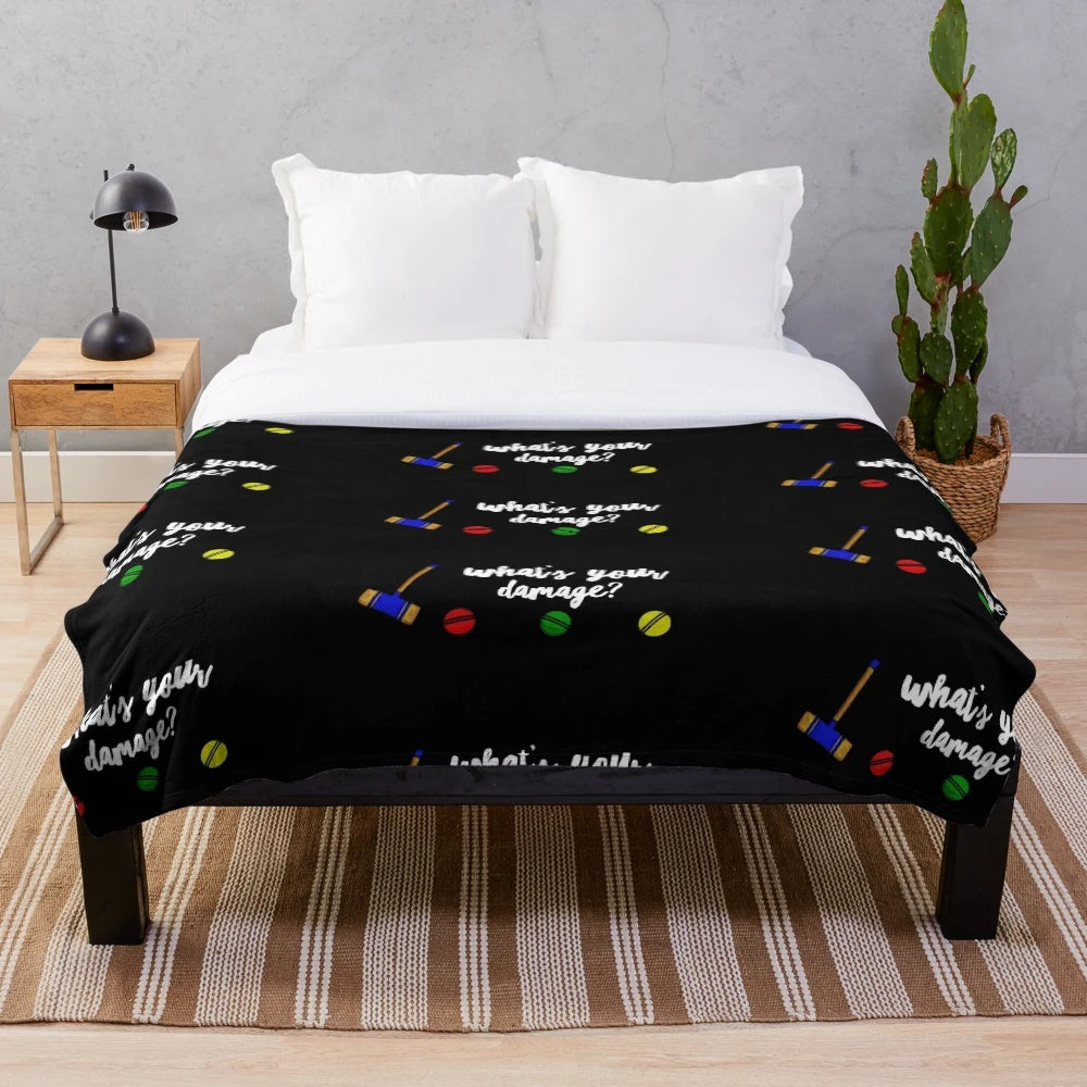 Plush blanket featuring "What's Your Damage?" quote from the cult classic 80s movie Heathers