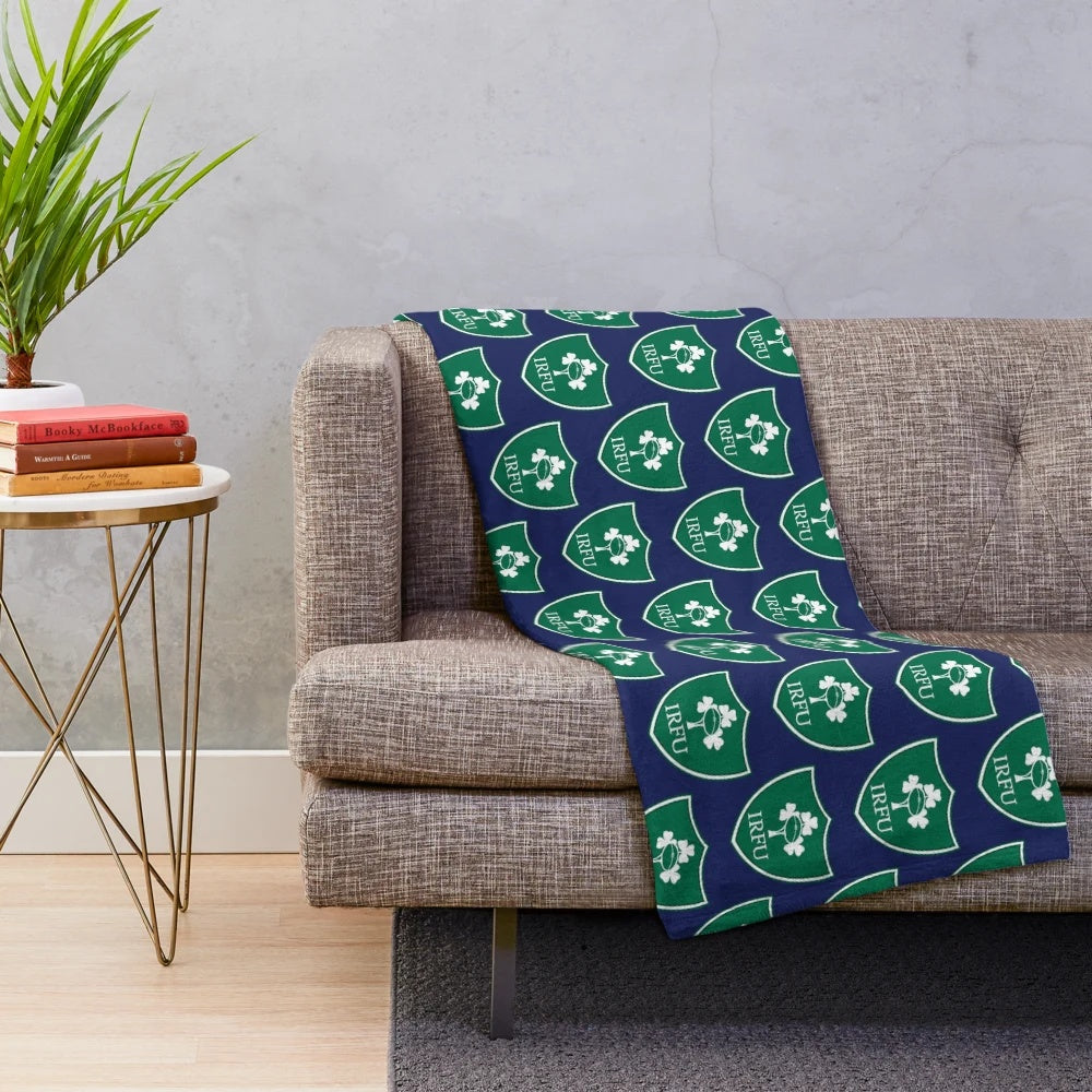 Plush rugby blanket with Ireland rugby team colors and logo