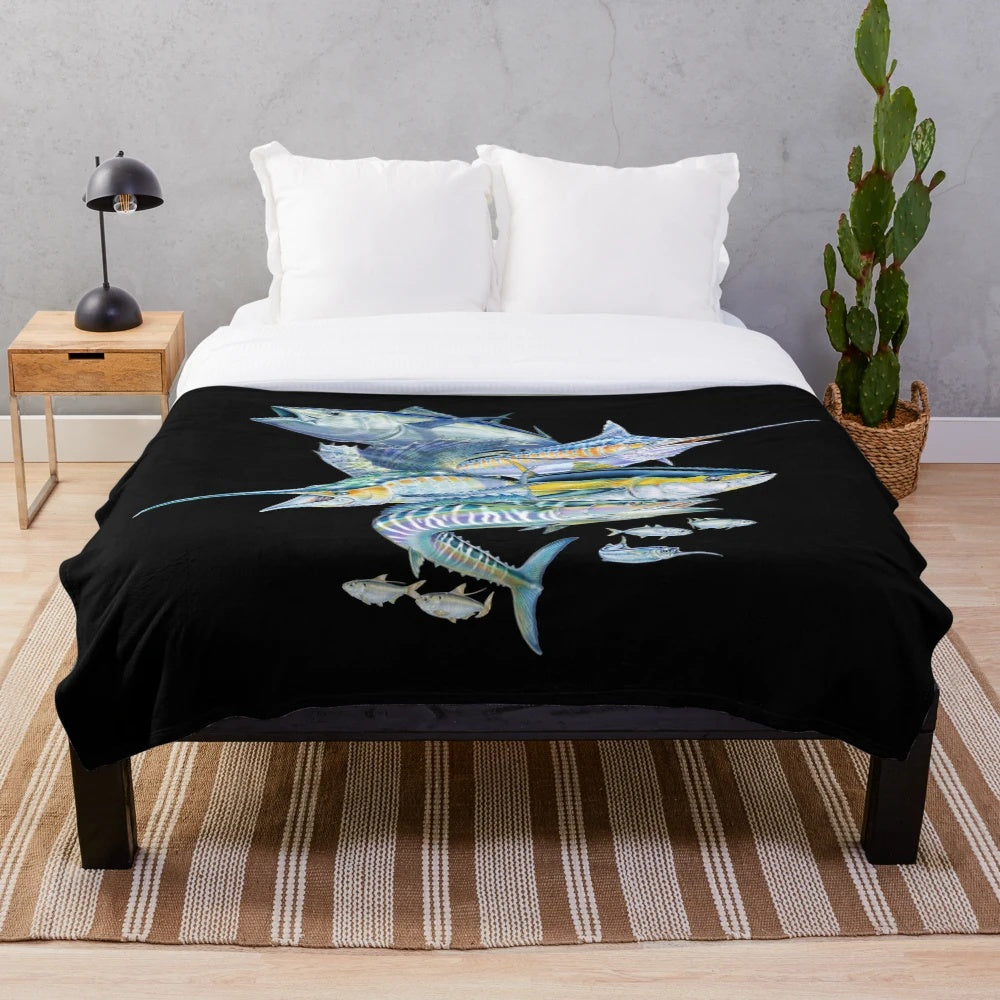 Saltwater fish plush blanket with tuna, marlin, and other marine life