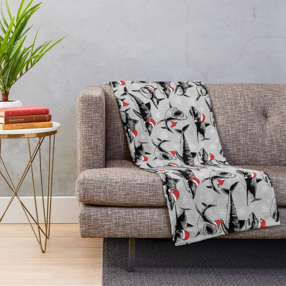 Santa Sharks Plush Blanket with a cheerful holiday shark pattern
