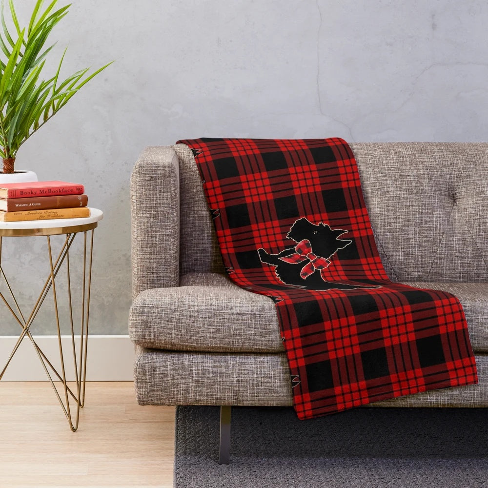 Plush Scottish Terrier Blanket with Tartan Print Design