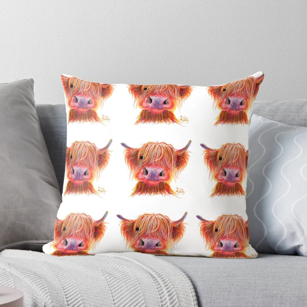 Soft, plush pillow featuring a Scottish Highland hairy cow painting in vibrant colors