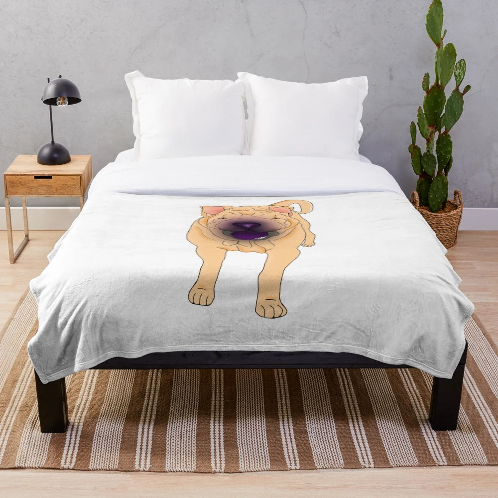 Soft, plush Shar Pei dog-themed blanket in a warm, tan color