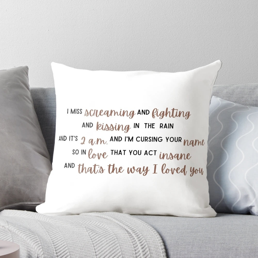 Soft brown, black, and white pillow with lyrics from Taylor Swift's song 'The Way I Loved You