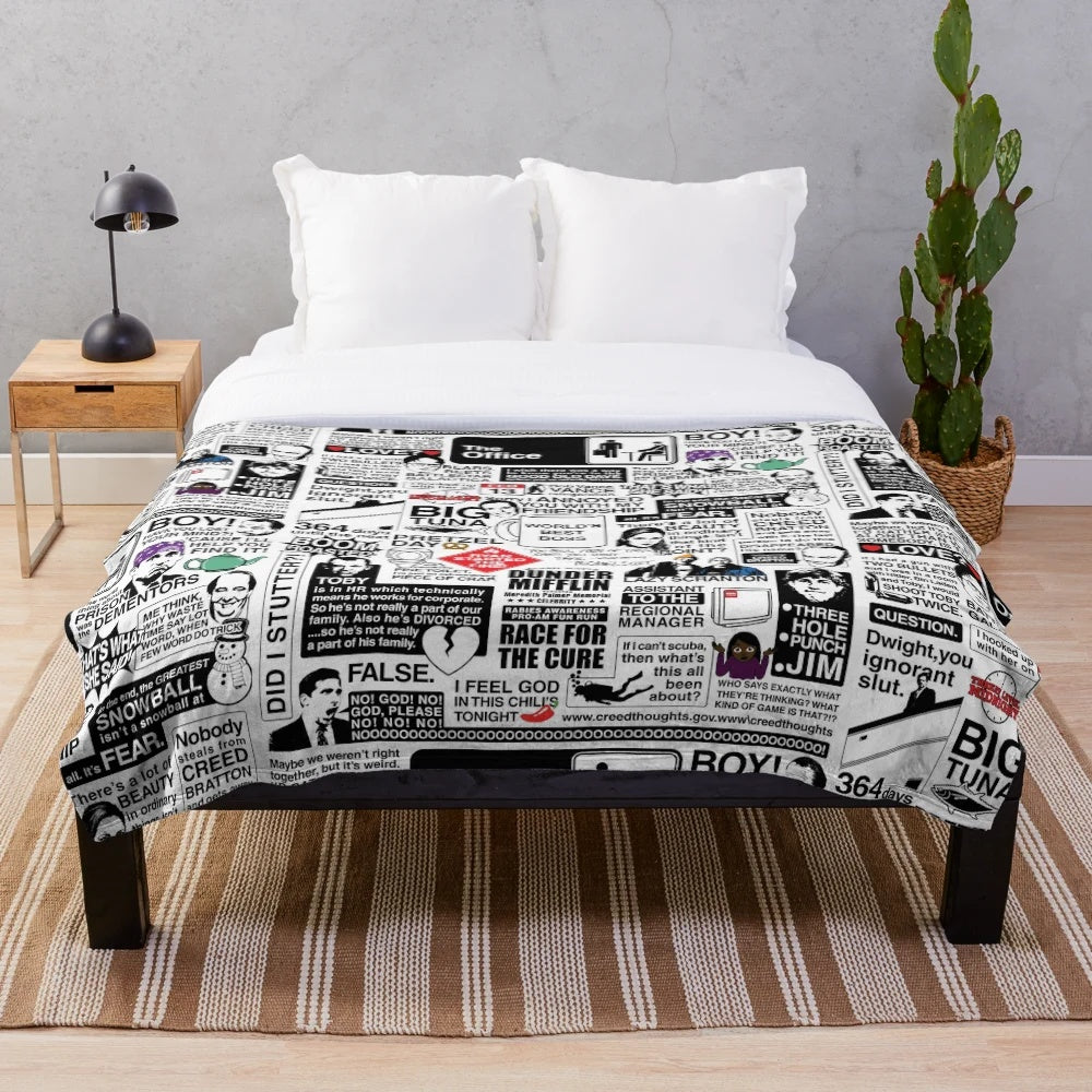 The Office Quotes Plush Blanket featuring Dwight Schrute, Jim Halpert, and other characters