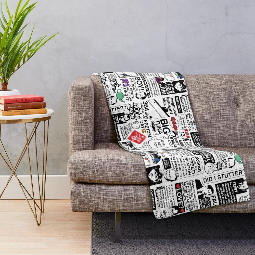 The Office Quotes Plush Blanket featuring Dwight Schrute, Jim Halpert, and other characters
