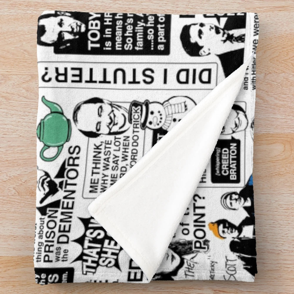The Office Quotes Plush Blanket featuring Dwight Schrute, Jim Halpert, and other characters